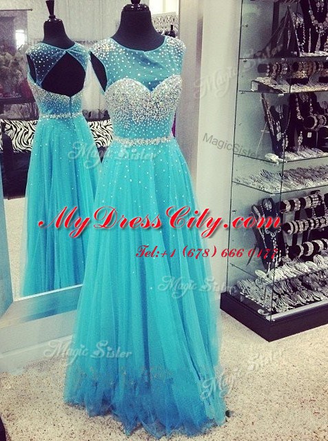 Designer Mermaid Beading Aqua Blue Zipper Sleeveless Sweep Train