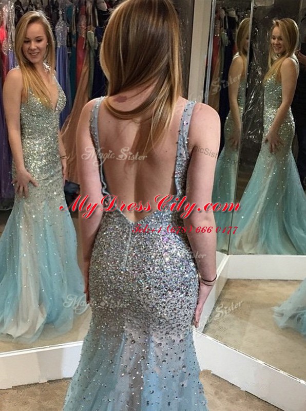 Excellent Mermaid Multi-color V-neck Backless Beading Prom Dresses Sleeveless