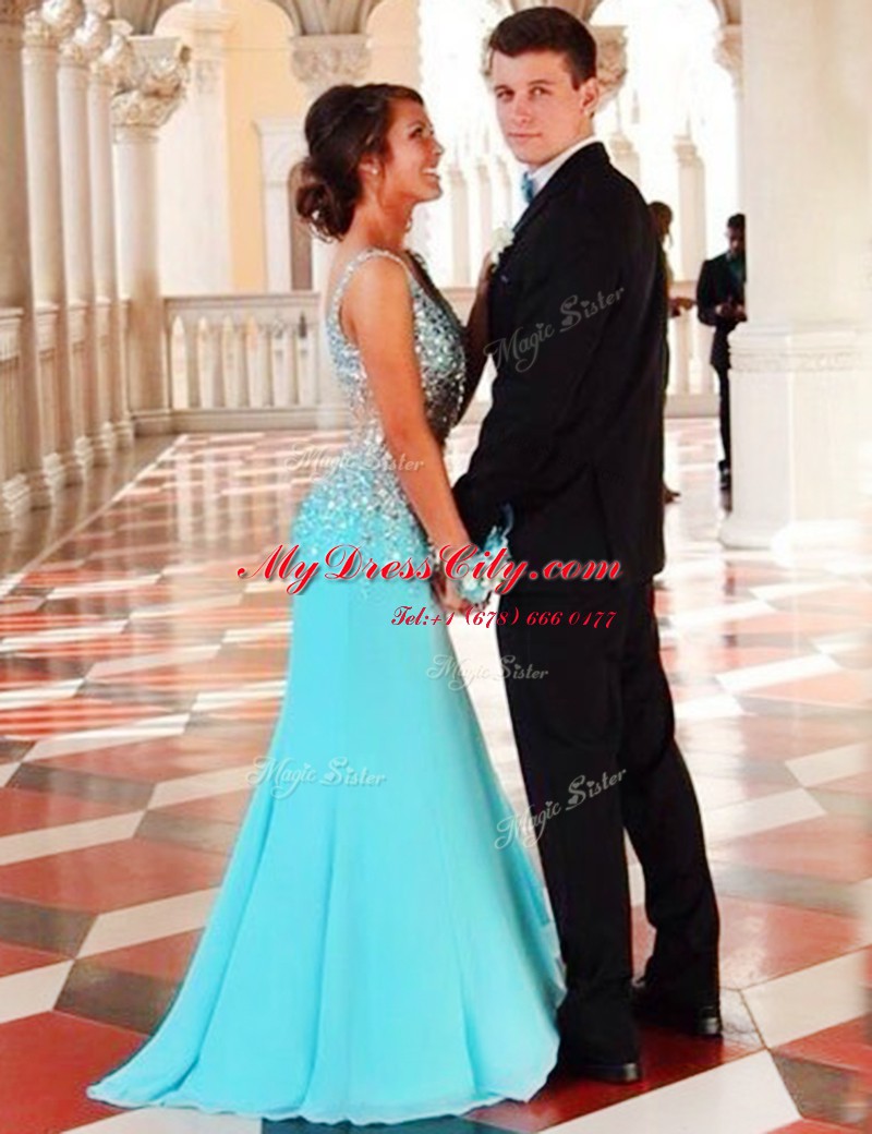 Mermaid Blue V-neck Zipper Beading Evening Dress Court Train Sleeveless