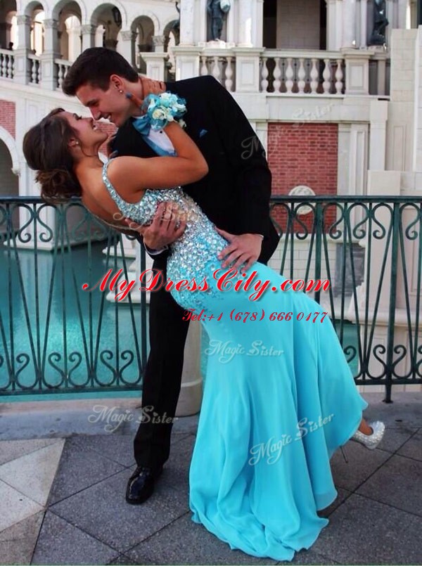 Mermaid Blue V-neck Zipper Beading Evening Dress Court Train Sleeveless