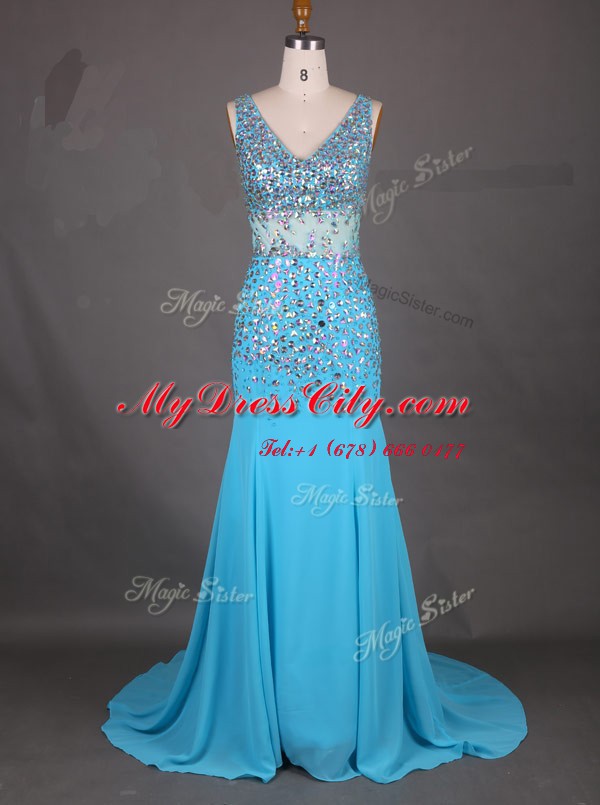 Mermaid Blue V-neck Zipper Beading Evening Dress Court Train Sleeveless