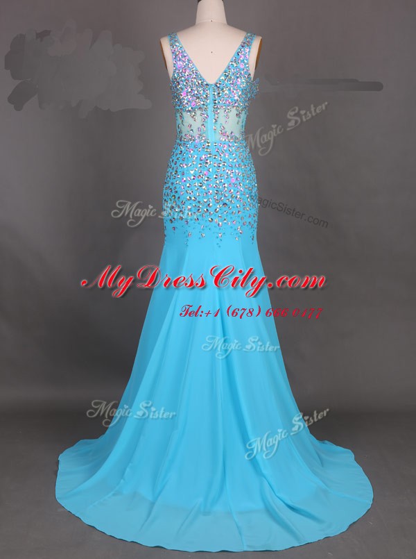 Mermaid Blue V-neck Zipper Beading Evening Dress Court Train Sleeveless