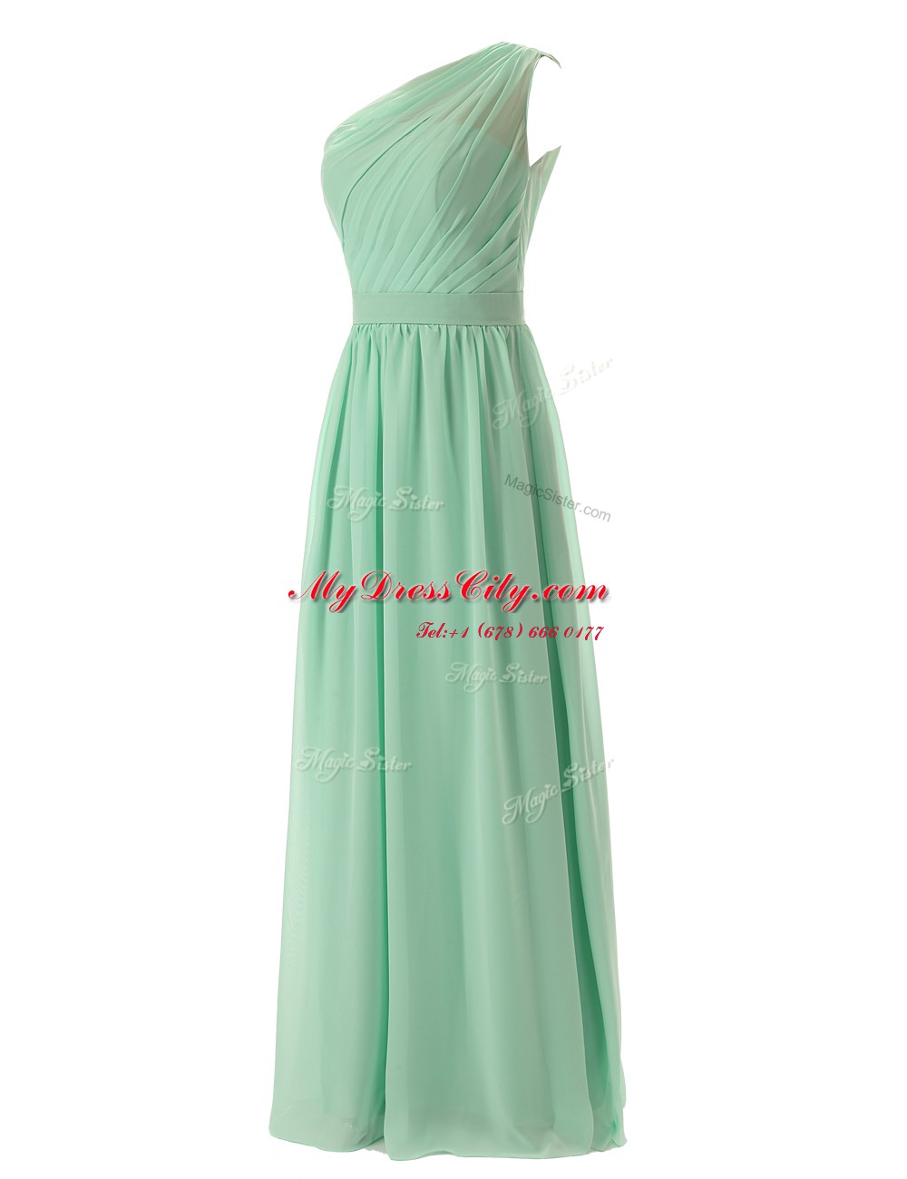 Apple Green A-line One Shoulder Sleeveless Chiffon Floor Length Zipper Ruffles Prom Evening Gown