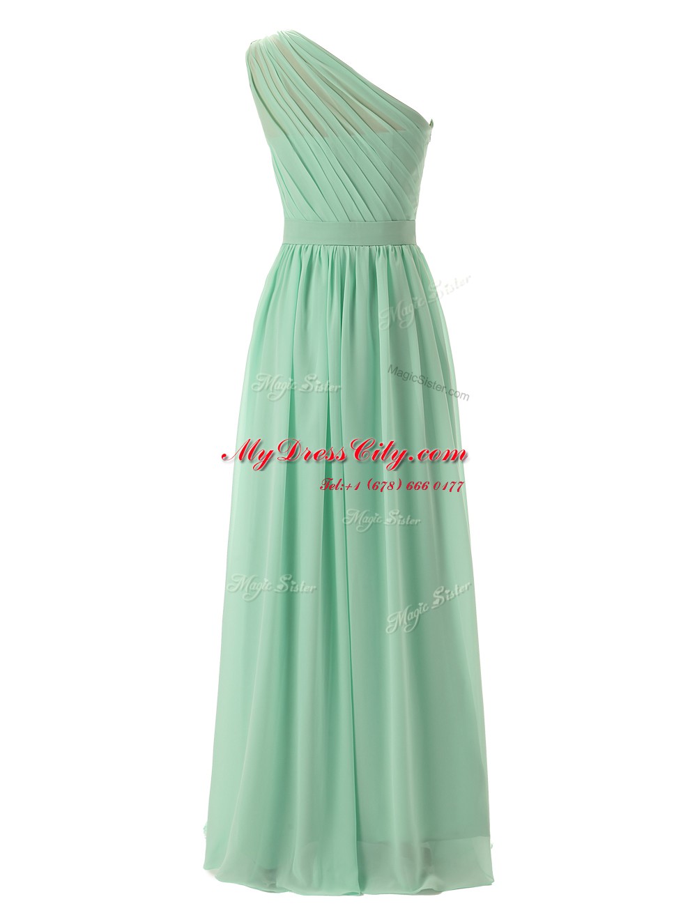 Apple Green A-line One Shoulder Sleeveless Chiffon Floor Length Zipper Ruffles Prom Evening Gown