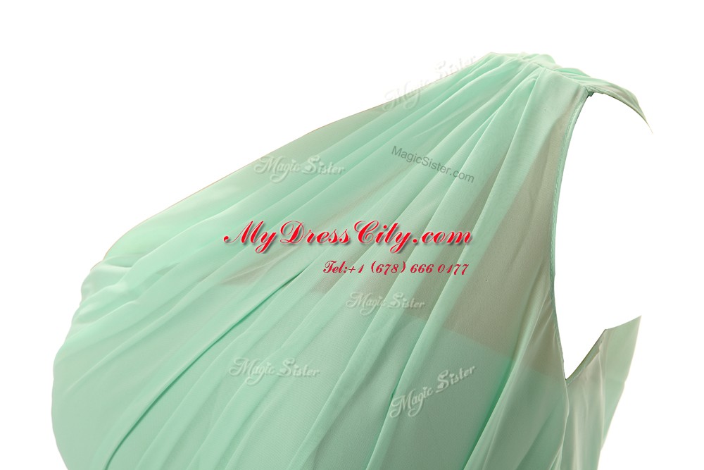 Apple Green A-line One Shoulder Sleeveless Chiffon Floor Length Zipper Ruffles Prom Evening Gown