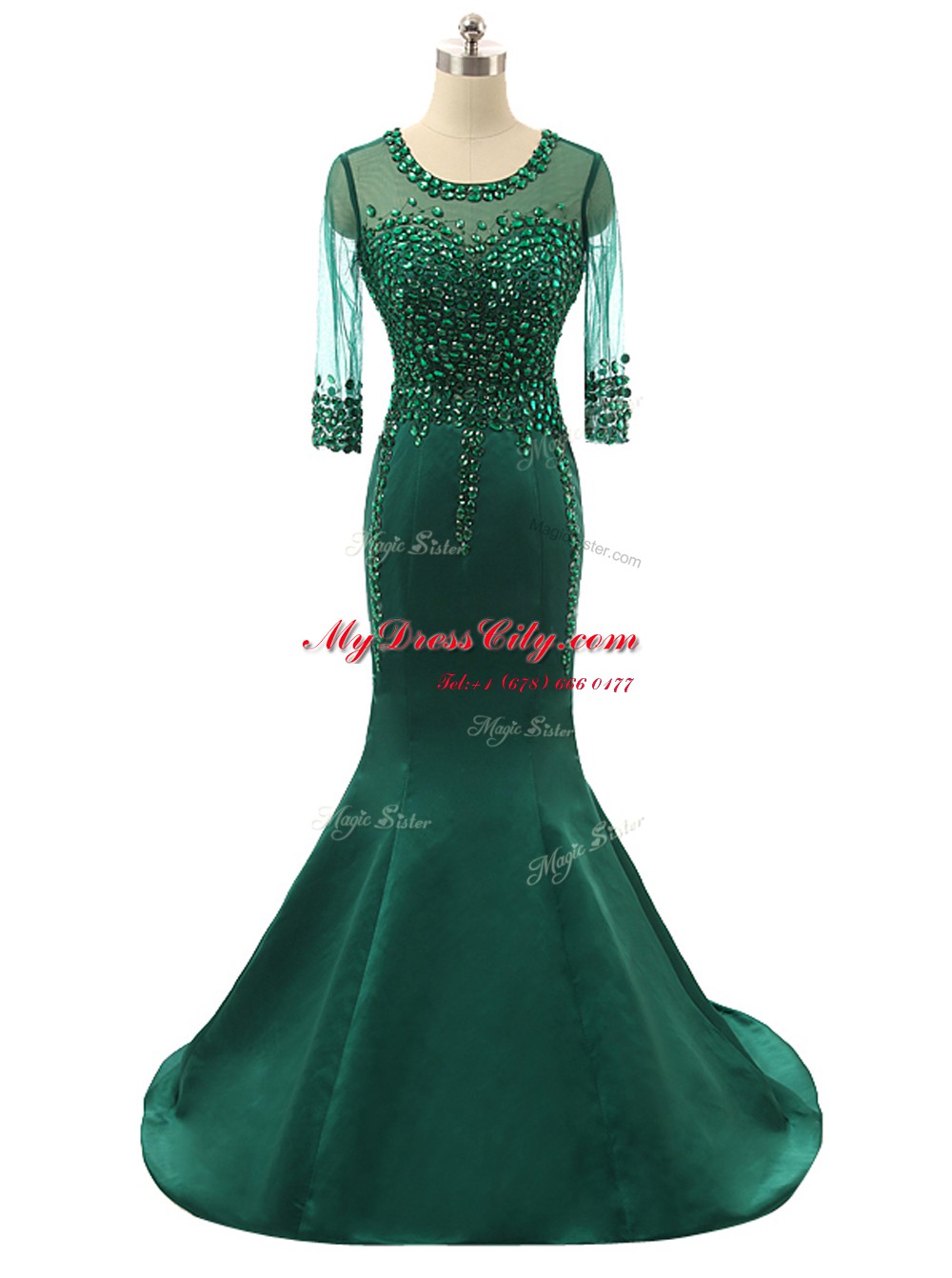 Classical Mermaid Scoop Satin 3 4 Length Sleeve Prom Evening Gown Brush Train and Beading