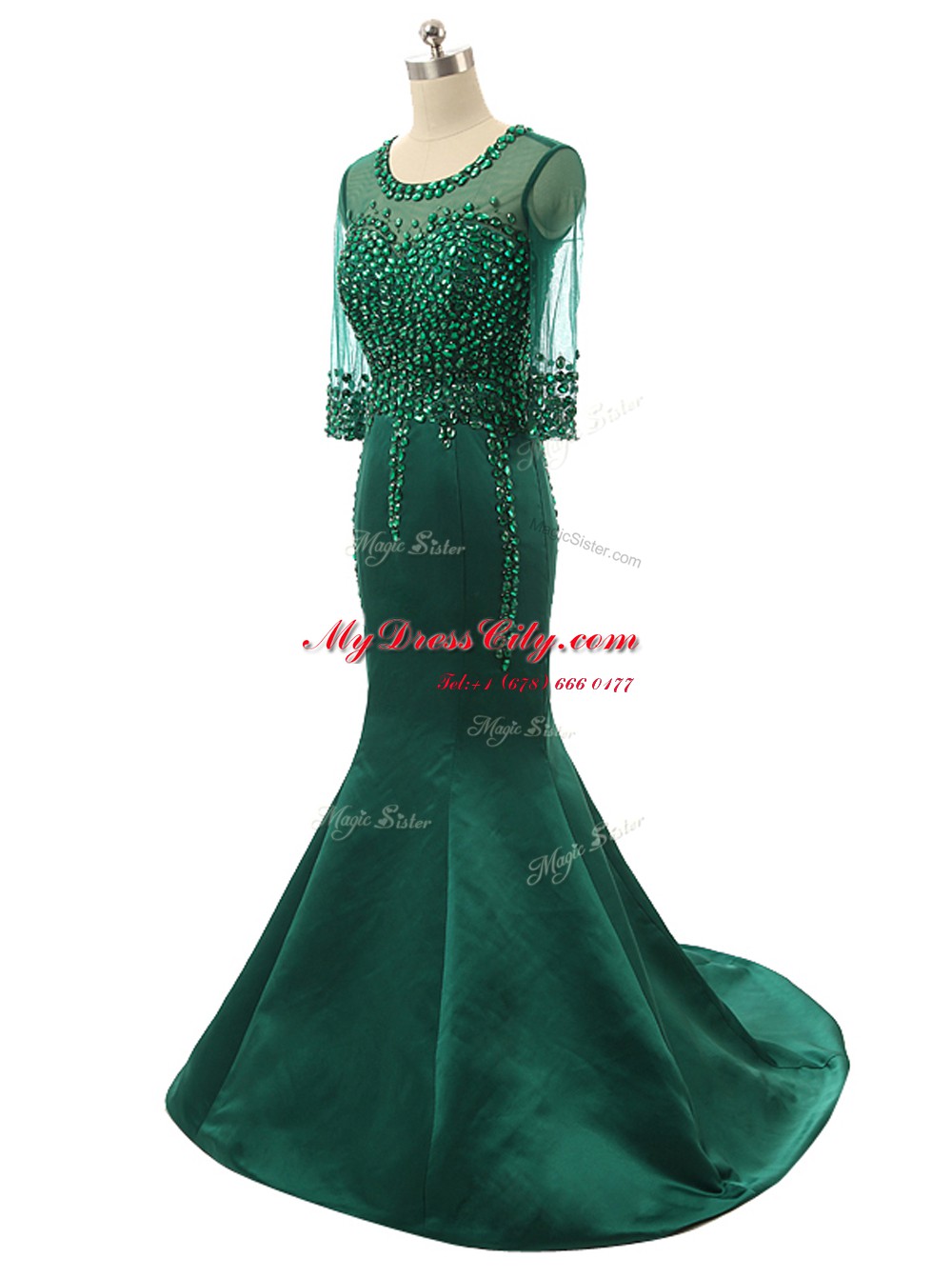 Classical Mermaid Scoop Satin 3 4 Length Sleeve Prom Evening Gown Brush Train and Beading