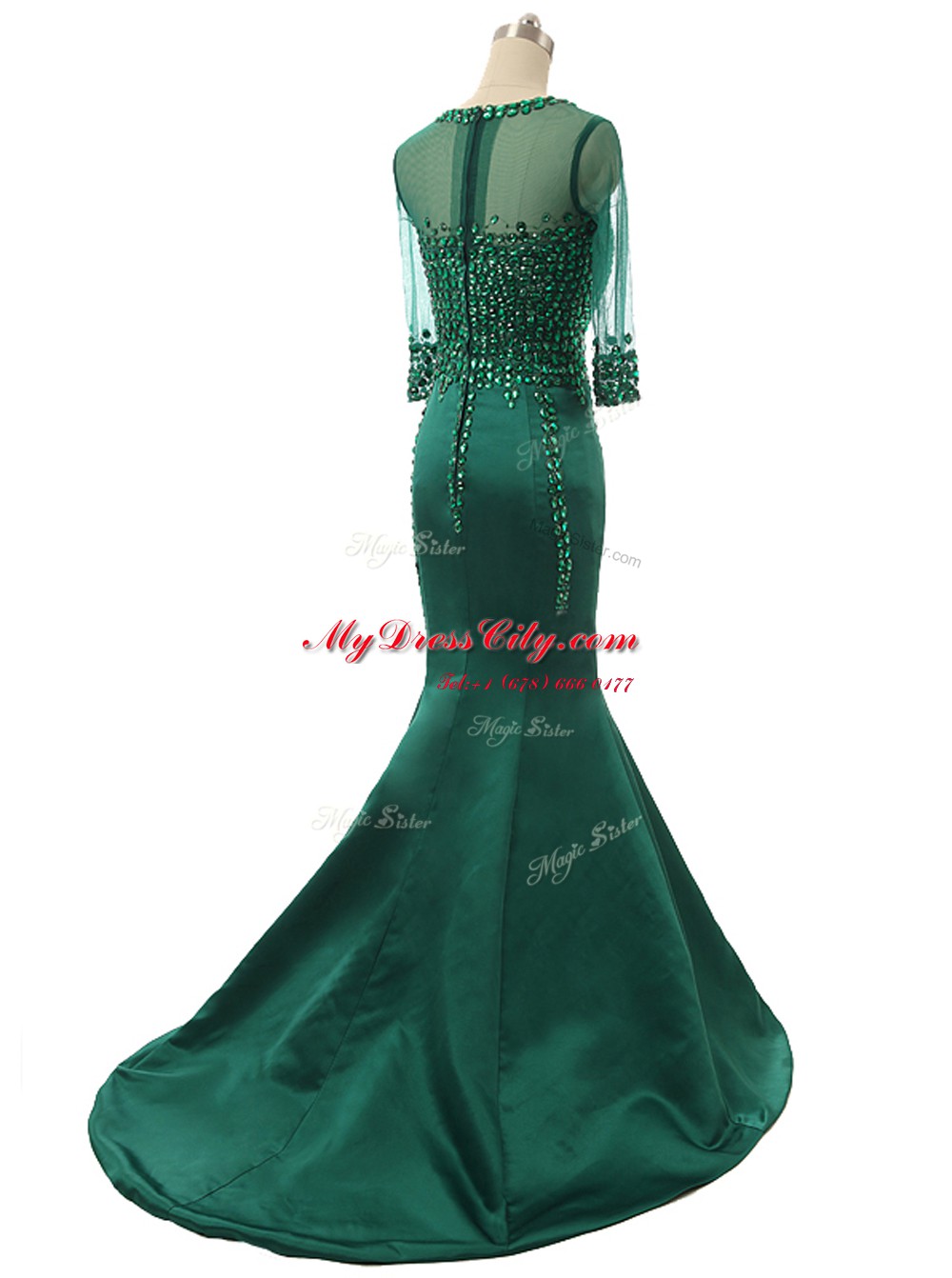 Classical Mermaid Scoop Satin 3 4 Length Sleeve Prom Evening Gown Brush Train and Beading