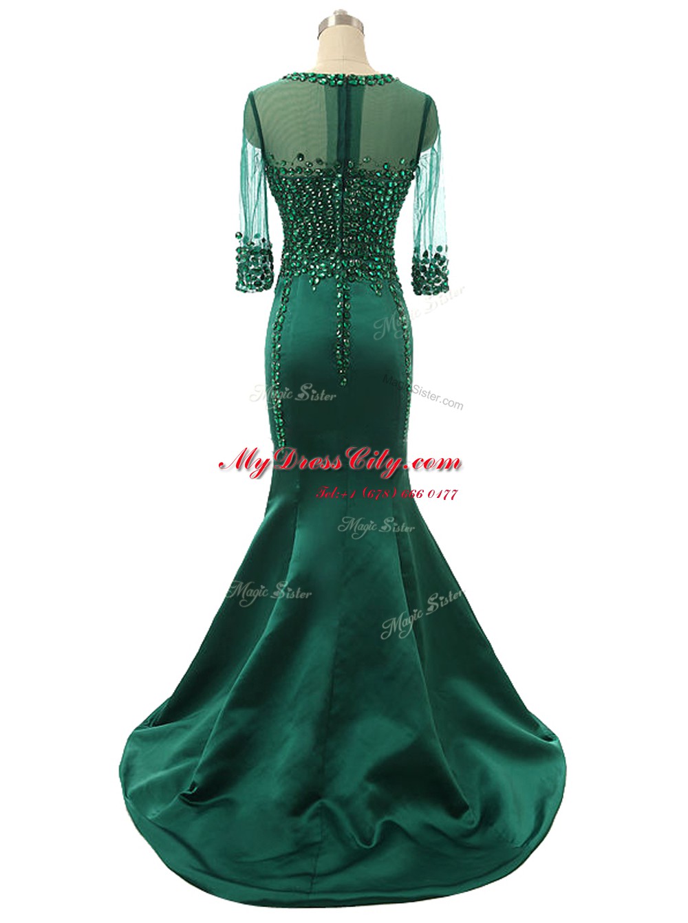 Classical Mermaid Scoop Satin 3 4 Length Sleeve Prom Evening Gown Brush Train and Beading