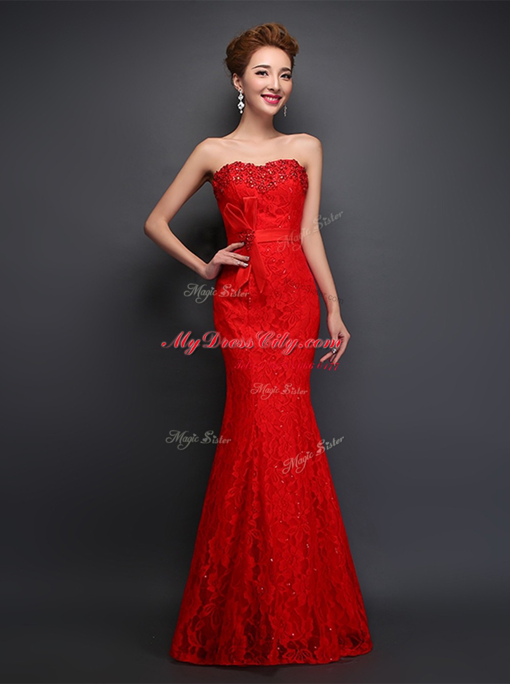 On Sale Mermaid Red Lace Up Evening Dress Beading and Bowknot Sleeveless Floor Length