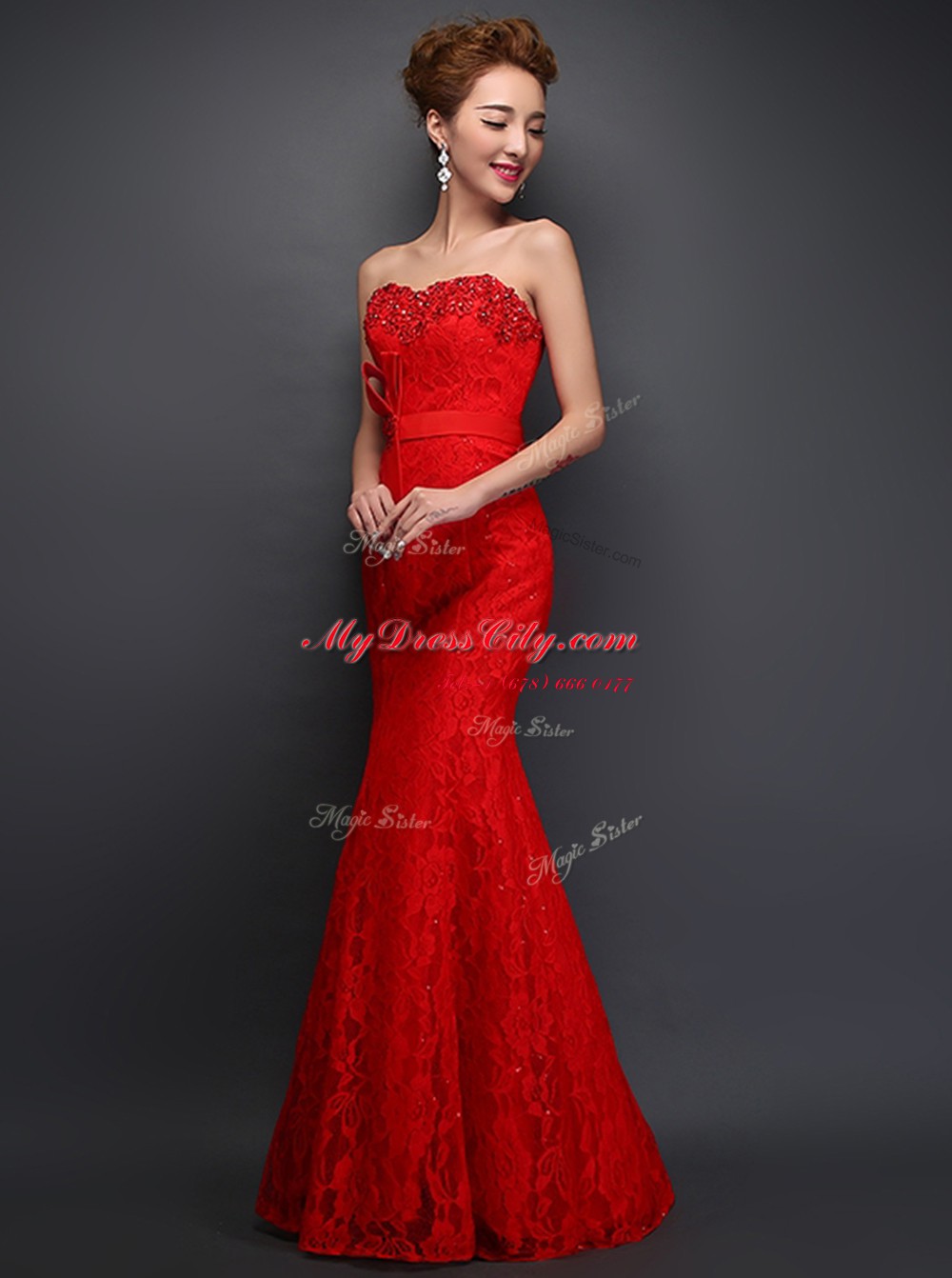 On Sale Mermaid Red Lace Up Evening Dress Beading and Bowknot Sleeveless Floor Length