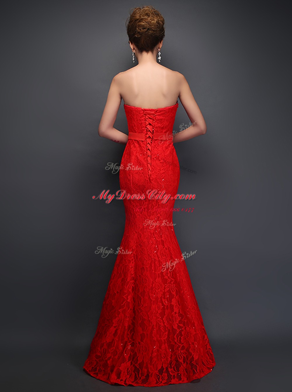 On Sale Mermaid Red Lace Up Evening Dress Beading and Bowknot Sleeveless Floor Length