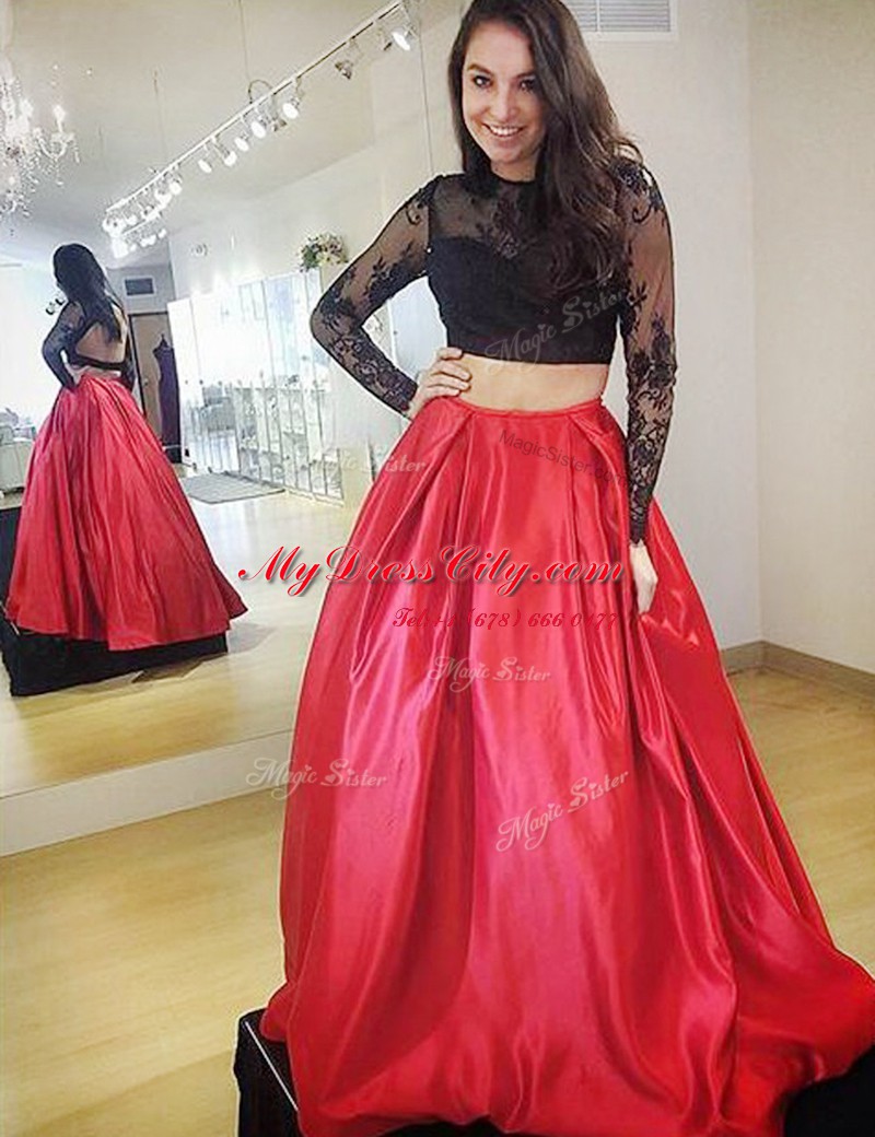 Modern Red Backless High-neck Lace Satin Long Sleeves