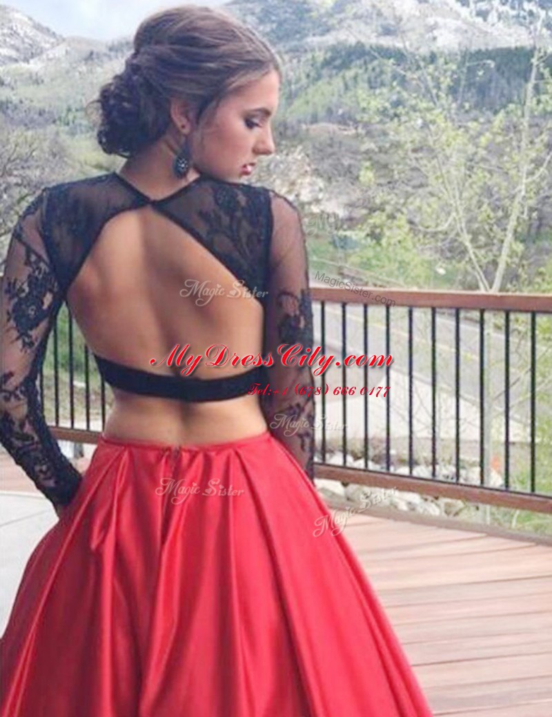 Modern Red Backless High-neck Lace Satin Long Sleeves