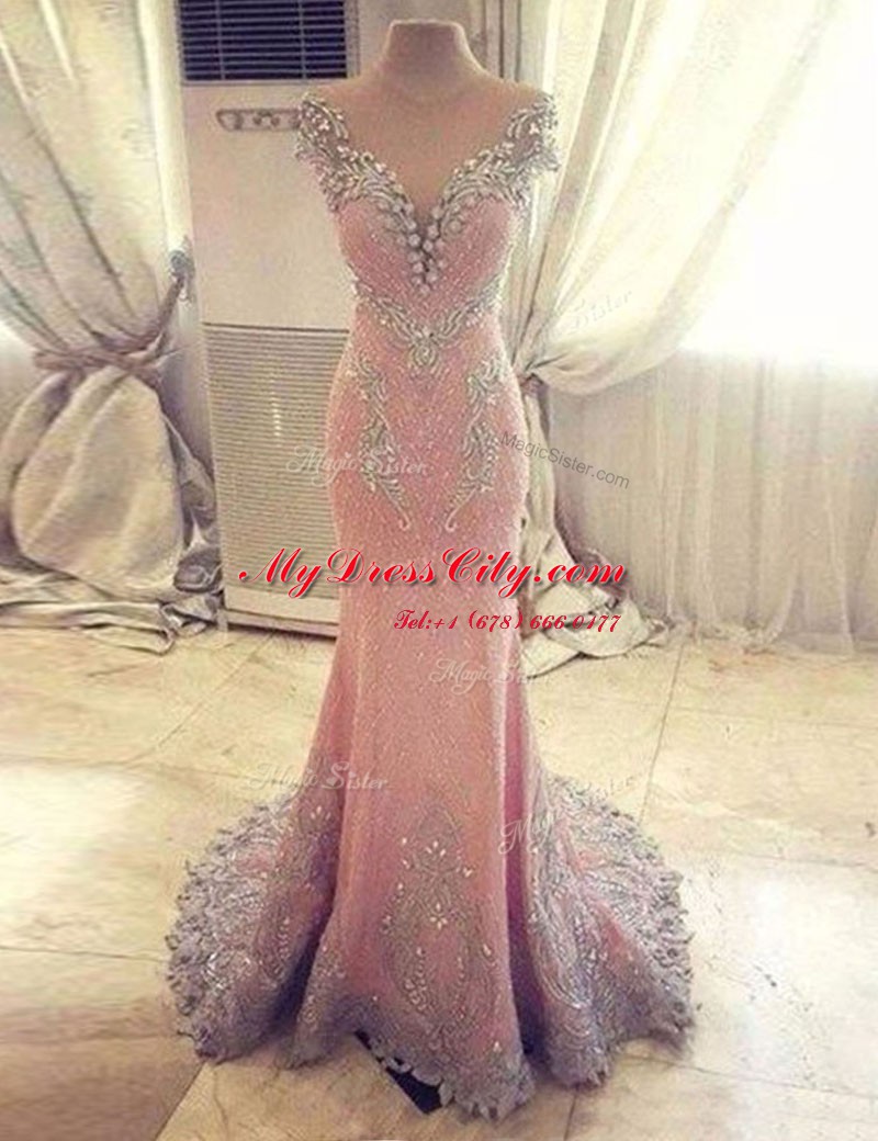 Luxurious Watteau Train Mermaid Prom Dresses Rose Pink Sweetheart Satin Cap Sleeves With Train Clasp Handle