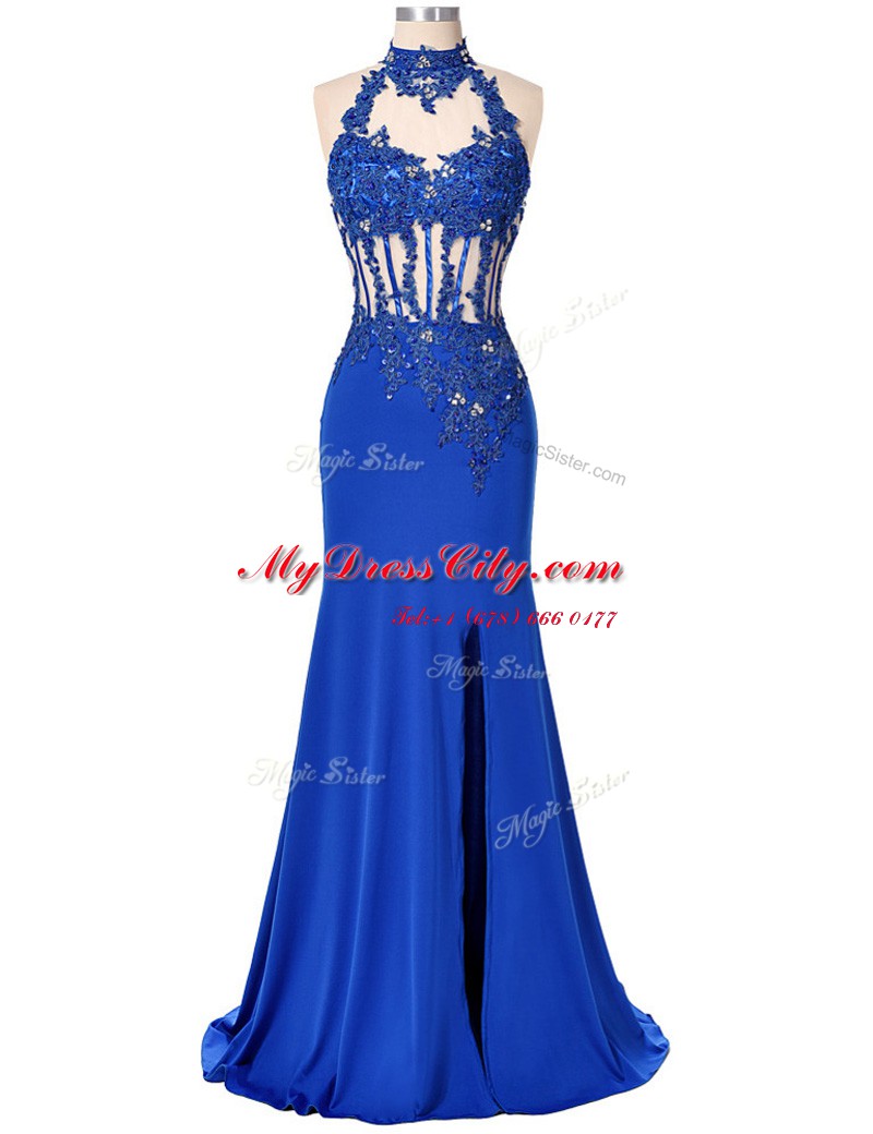 Royal Blue Sleeveless Elastic Woven Satin Backless Prom Party Dress for Prom