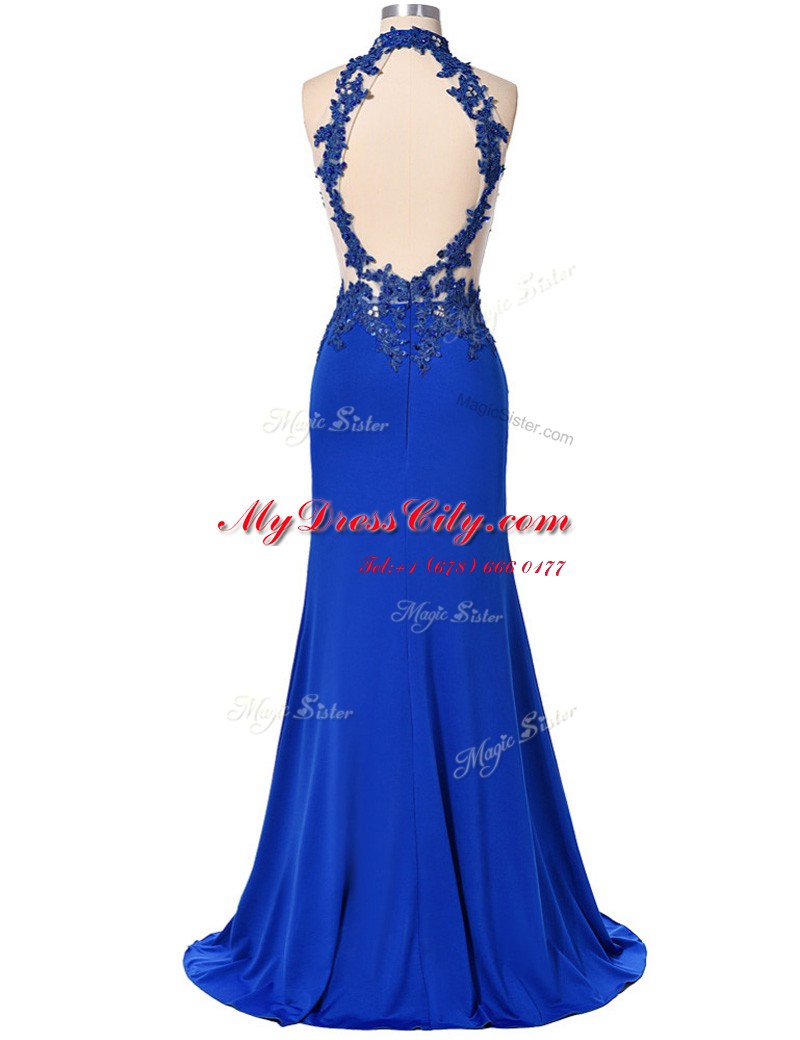 Royal Blue Sleeveless Elastic Woven Satin Backless Prom Party Dress for Prom