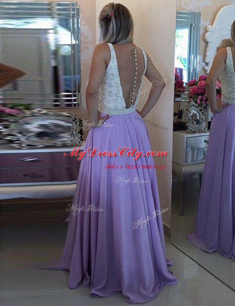 Custom Fit Scoop Lavender Sleeveless Chiffon Clasp Handle Prom Evening Gown for Prom and Party