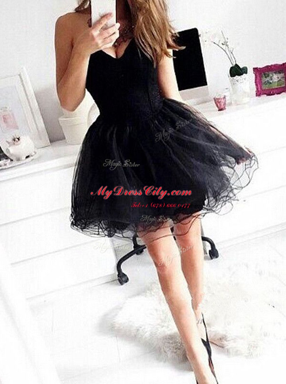 Customized Organza Sweetheart Sleeveless Zipper Ruffles Homecoming Dress in Black