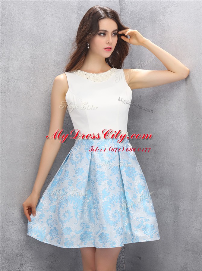 Top Selling Blue And White Satin Zipper Scoop Sleeveless Mini Length Custom Made Beading