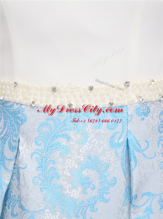 Top Selling Blue And White Satin Zipper Scoop Sleeveless Mini Length Custom Made Beading