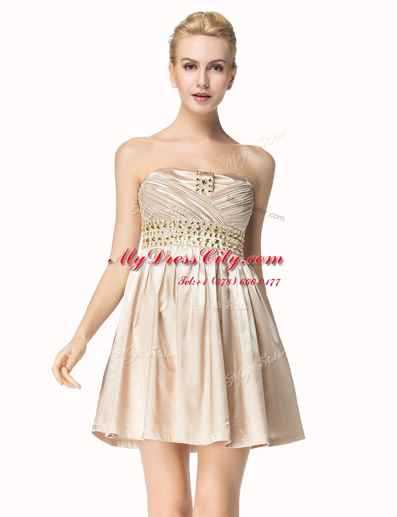 Champagne Satin Side Zipper Party Dress for Toddlers Sleeveless Mini Length Beading and Pleated