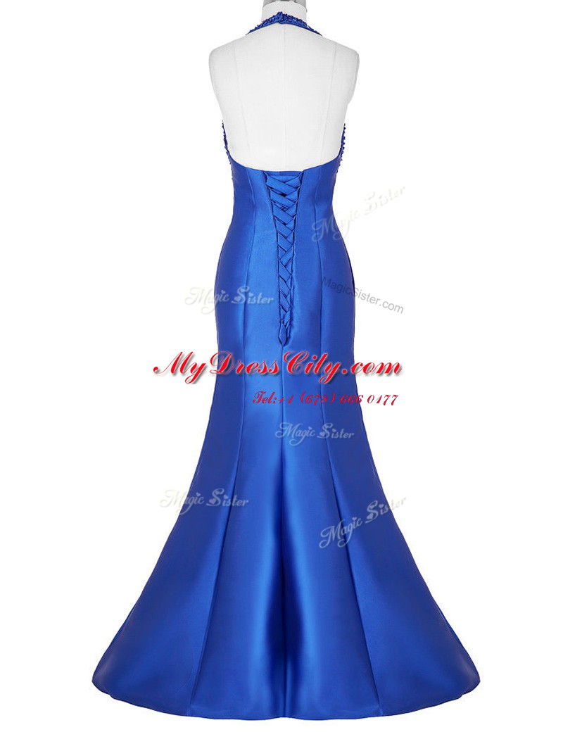 Mermaid Royal Blue Satin Lace Up Halter Top Sleeveless Floor Length Homecoming Dress Beading