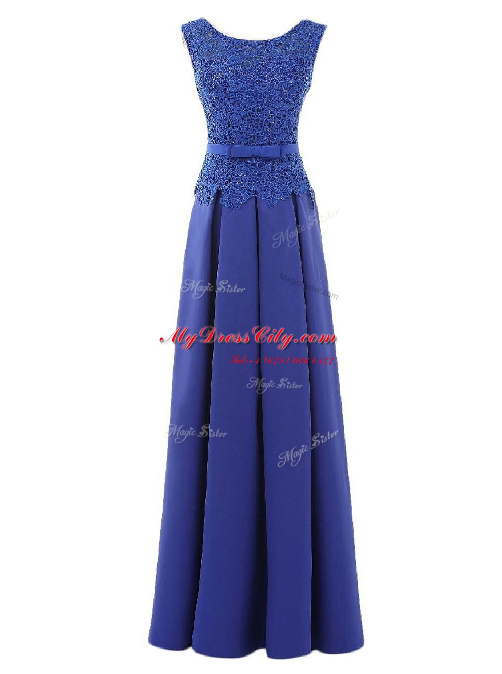 Low Price Scoop Satin Sleeveless Floor Length Prom Gown and Lace and Belt