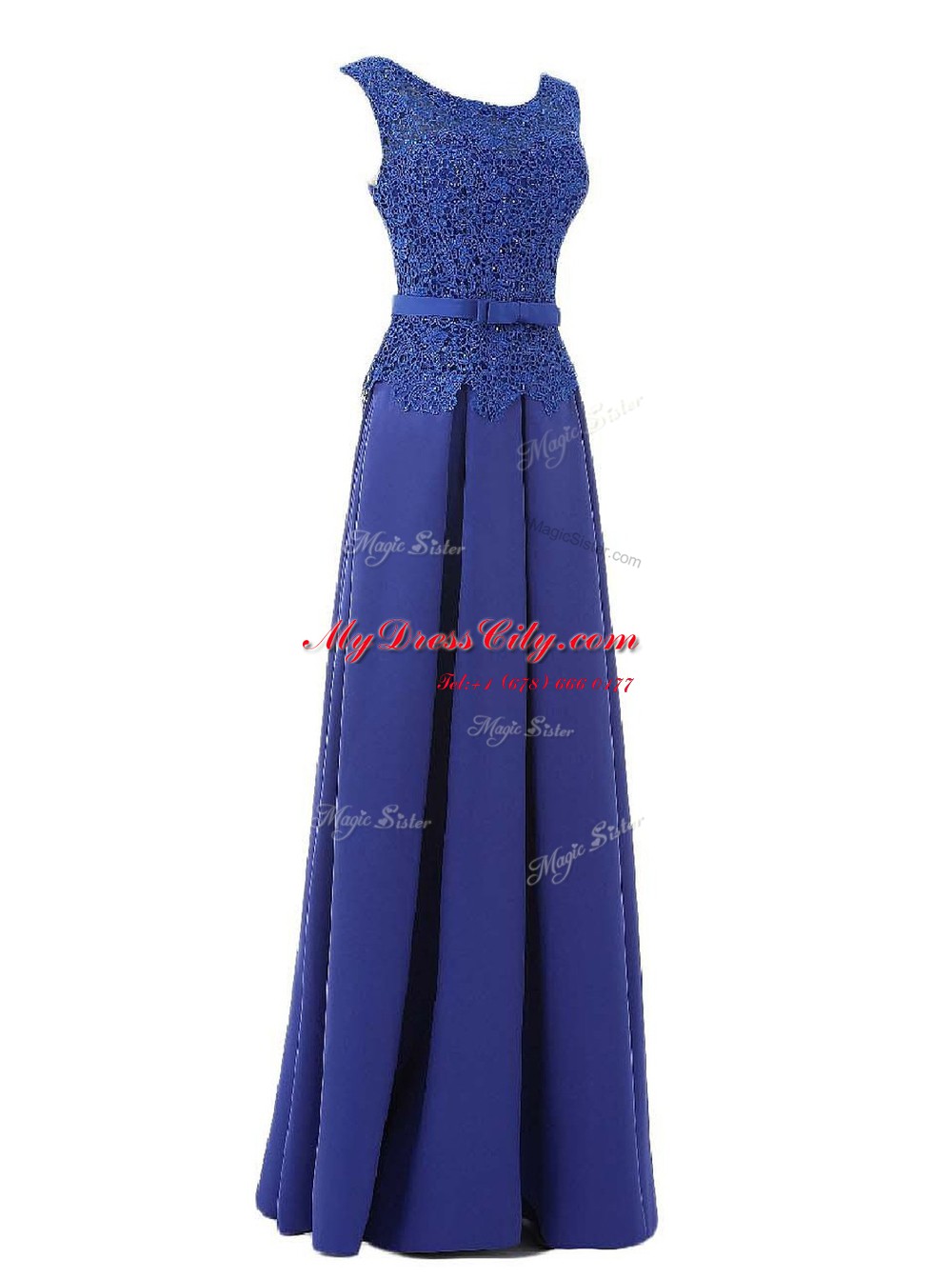 Low Price Scoop Satin Sleeveless Floor Length Prom Gown and Lace and Belt