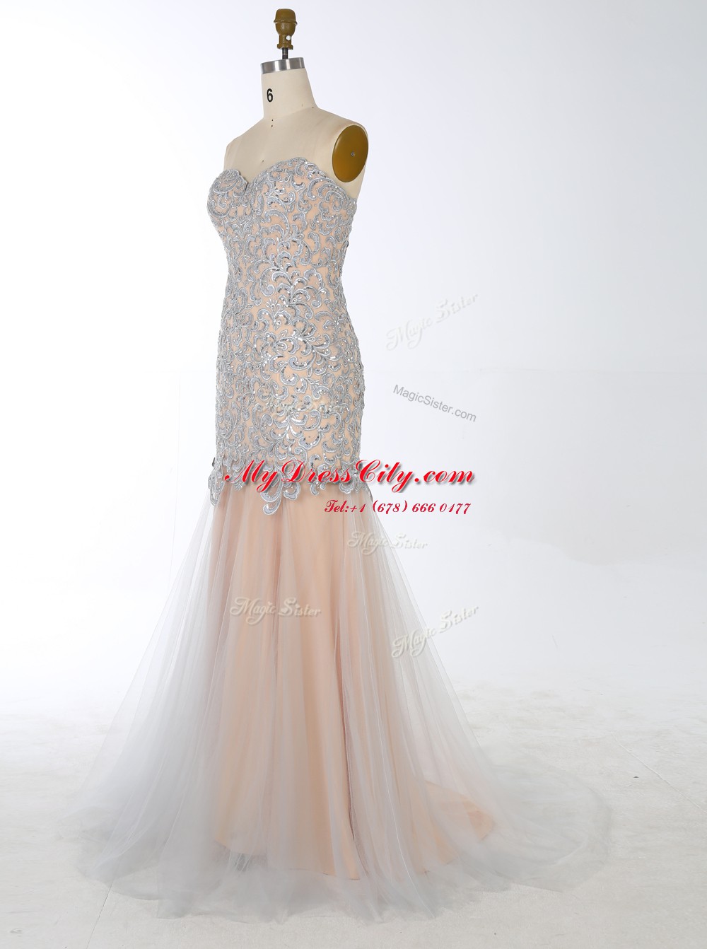 Mermaid Champagne Satin Zipper Sleeveless With Brush Train Beading