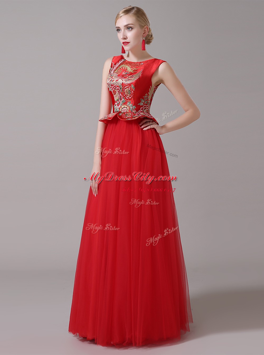 Comfortable Scoop Red Sleeveless Floor Length Appliques Zipper Prom Evening Gown