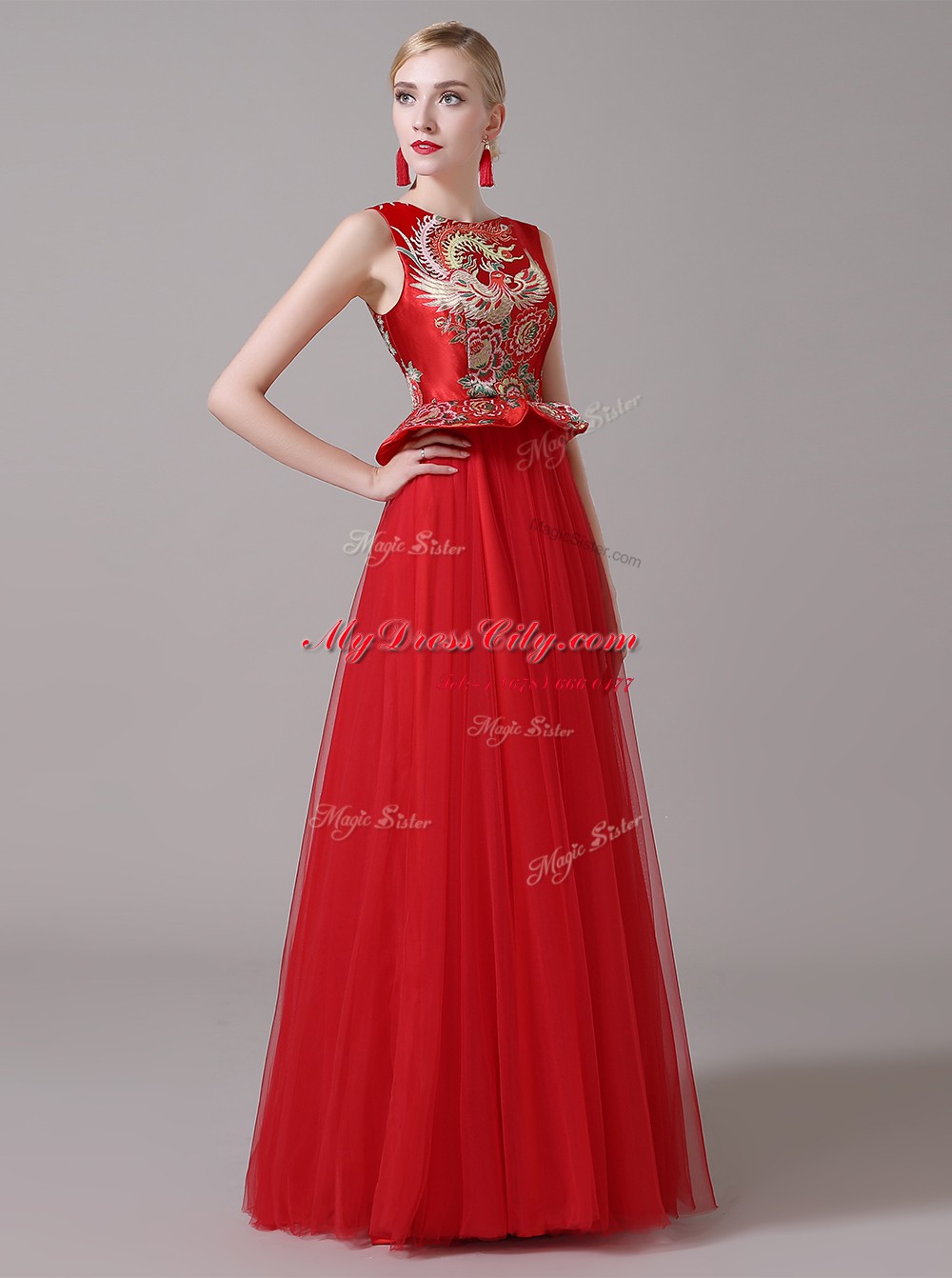 Comfortable Scoop Red Sleeveless Floor Length Appliques Zipper Prom Evening Gown