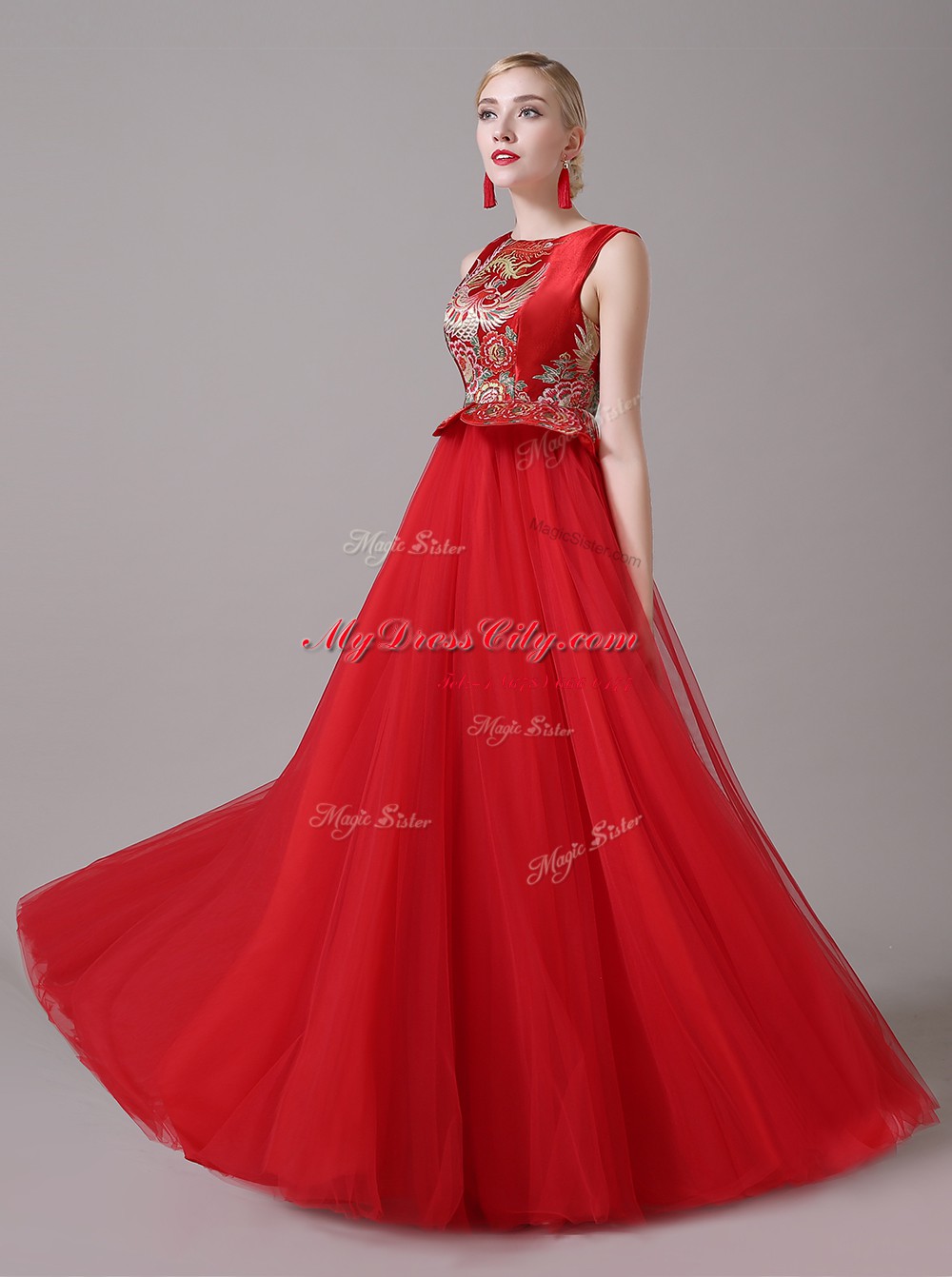 Comfortable Scoop Red Sleeveless Floor Length Appliques Zipper Prom Evening Gown