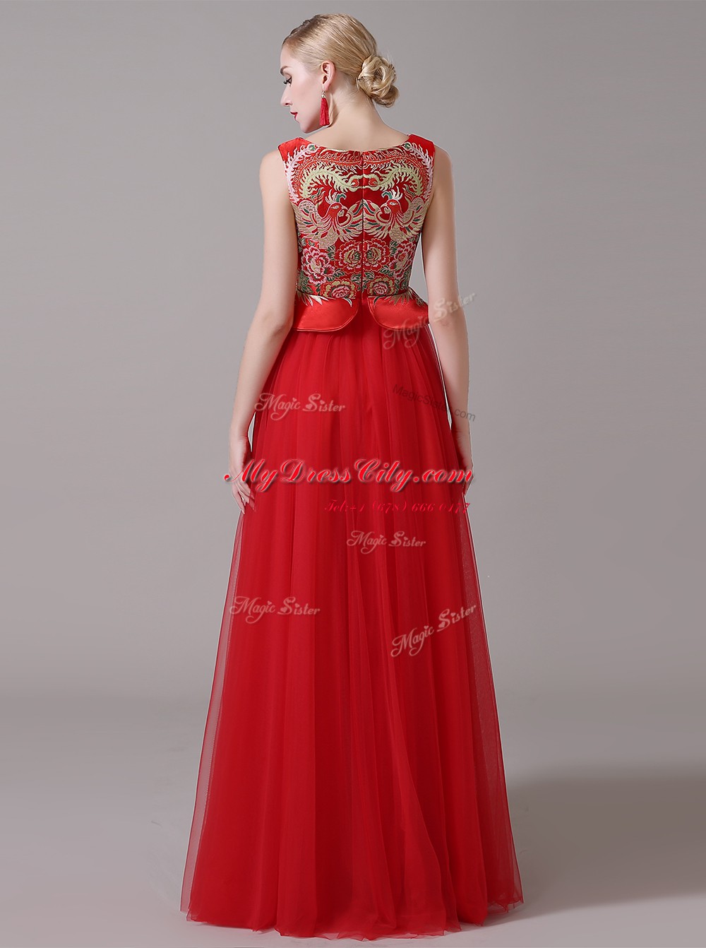 Comfortable Scoop Red Sleeveless Floor Length Appliques Zipper Prom Evening Gown