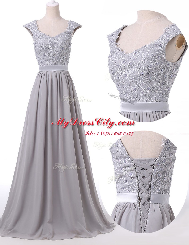 Cute Pleated Scoop Cap Sleeves Lace Up Prom Dress Grey Chiffon