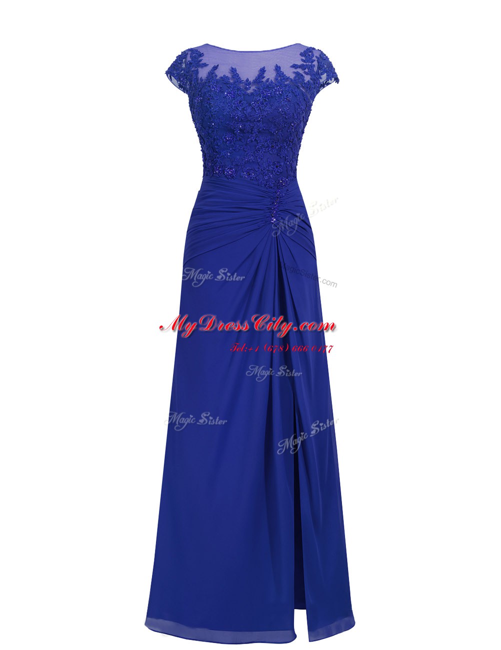 Royal Blue Chiffon Zipper Scoop Cap Sleeves Floor Length Prom Dress Appliques