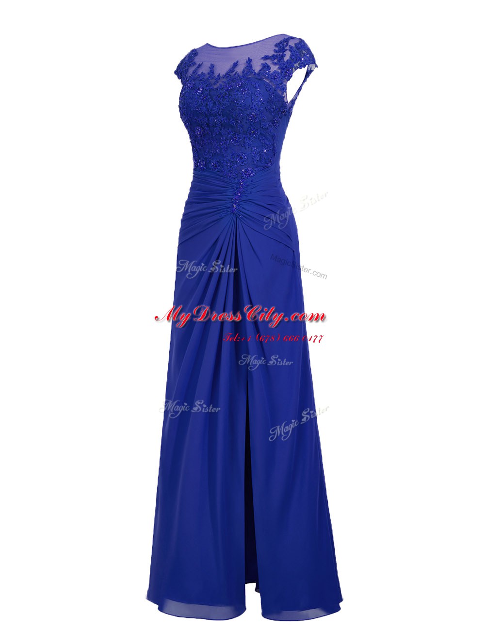 Royal Blue Chiffon Zipper Scoop Cap Sleeves Floor Length Prom Dress Appliques