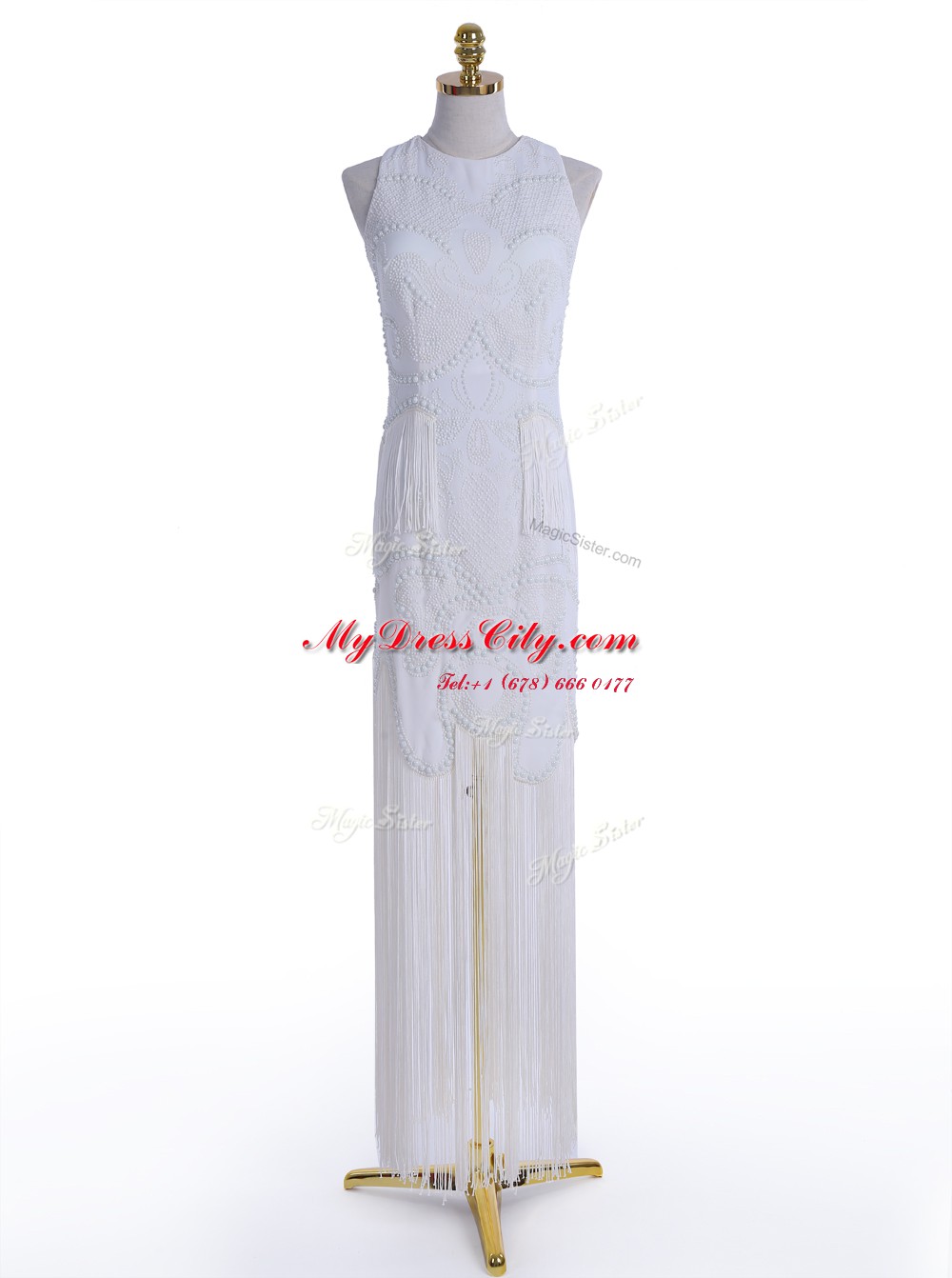 Scoop Floor Length A-line Sleeveless White Dress for Prom Zipper