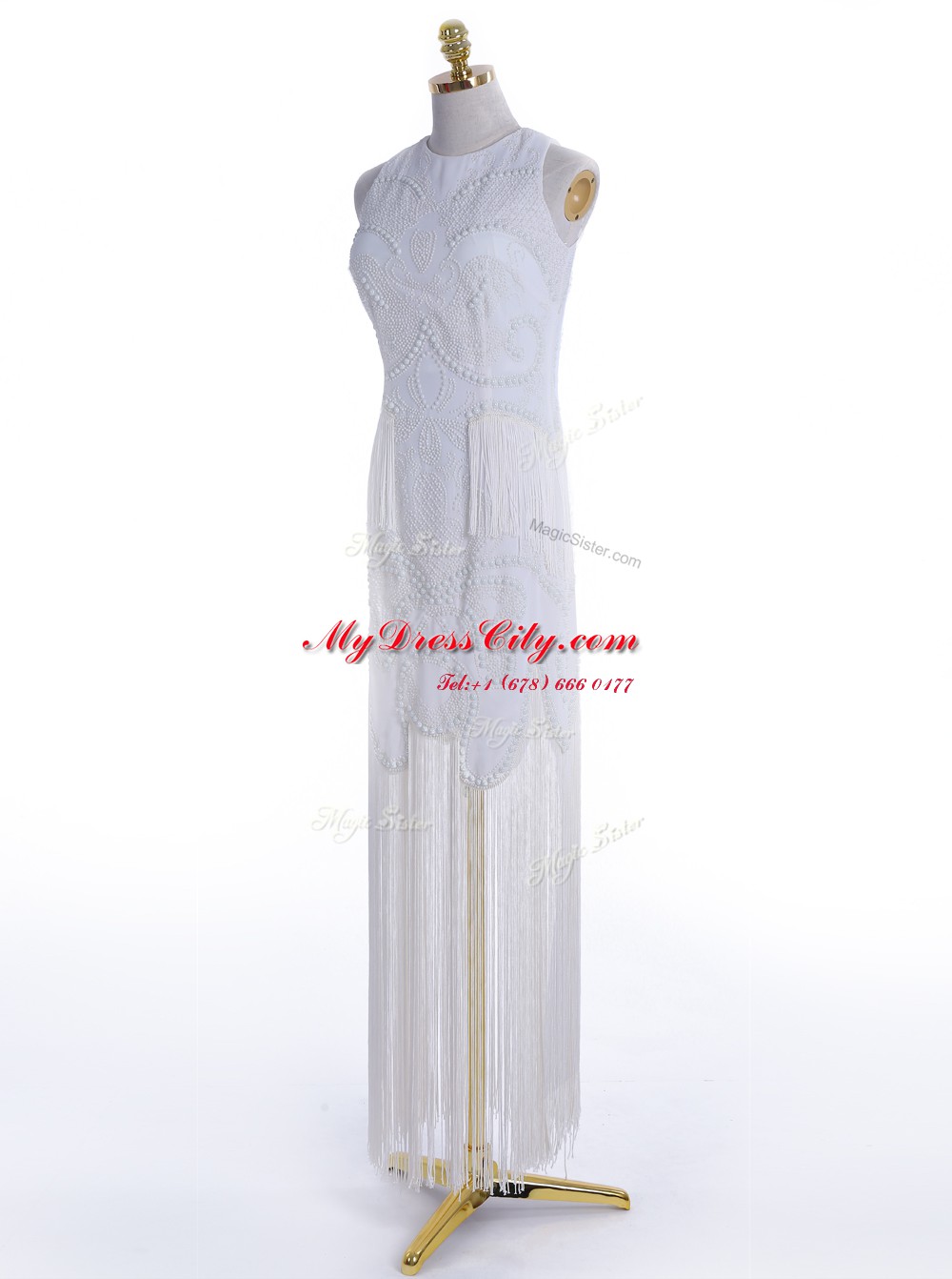 Scoop Floor Length A-line Sleeveless White Dress for Prom Zipper