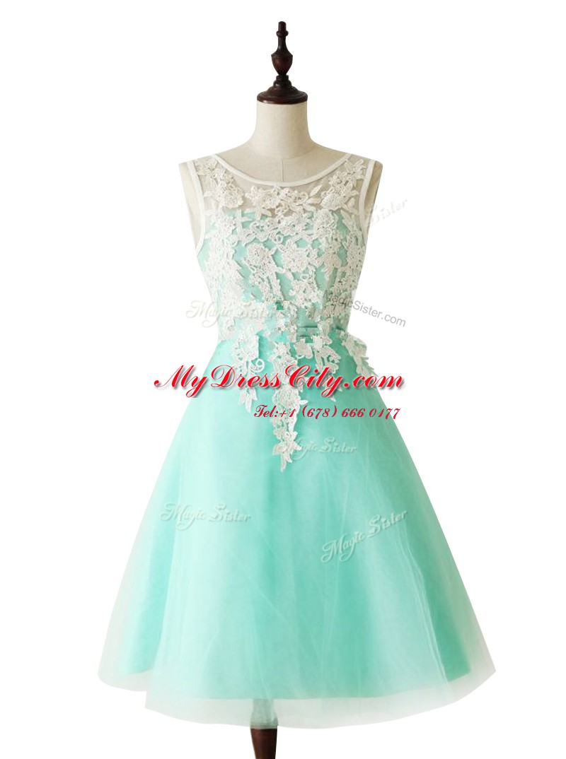 Edgy Scoop Knee Length Zipper Prom Party Dress Apple Green for Prom and Party with Appliques and Sashes ribbons