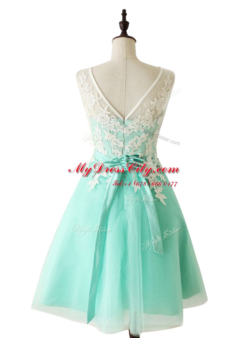 Edgy Scoop Knee Length Zipper Prom Party Dress Apple Green for Prom and Party with Appliques and Sashes ribbons