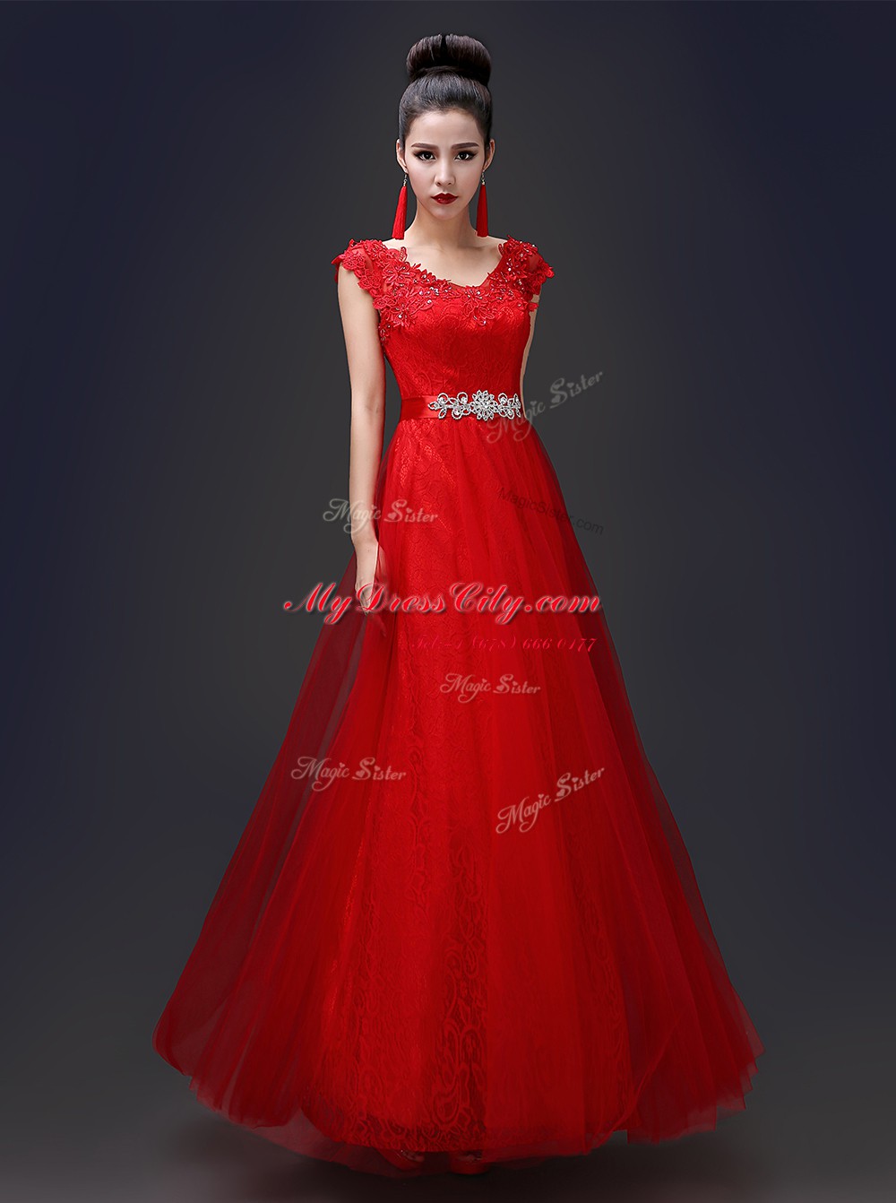 Elegant Scoop Red Sleeveless Floor Length Beading and Appliques Lace Up Prom Evening Gown