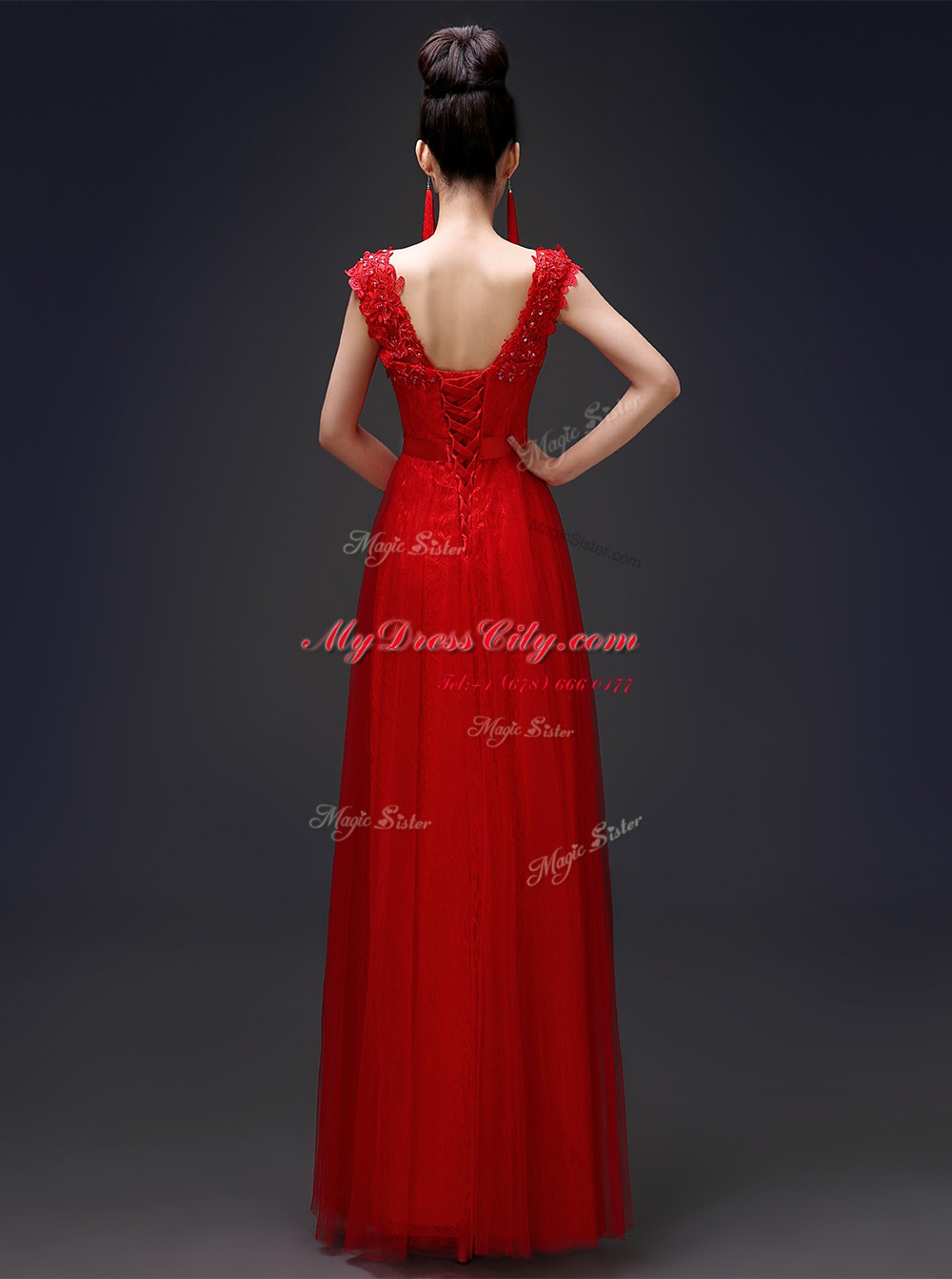 Elegant Scoop Red Sleeveless Floor Length Beading and Appliques Lace Up Prom Evening Gown