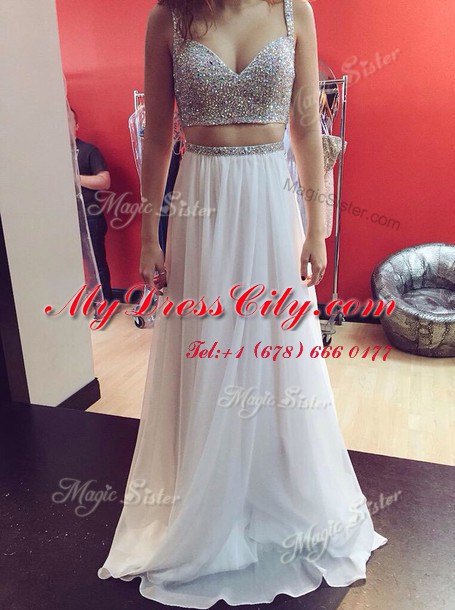 Chiffon Spaghetti Straps Sleeveless Zipper Sequins Prom Evening Gown in White