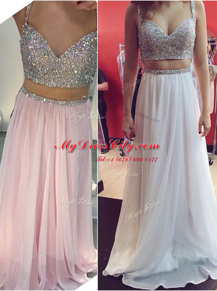 Chiffon Spaghetti Straps Sleeveless Zipper Sequins Prom Evening Gown in White