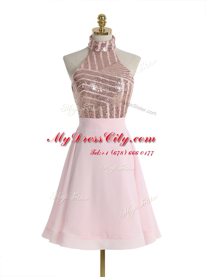 Romantic Baby Pink Prom Gown Prom and For with Sequins Halter Top Sleeveless Backless