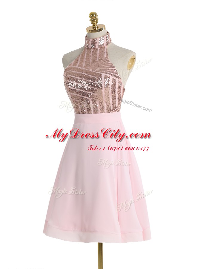 Romantic Baby Pink Prom Gown Prom and For with Sequins Halter Top Sleeveless Backless