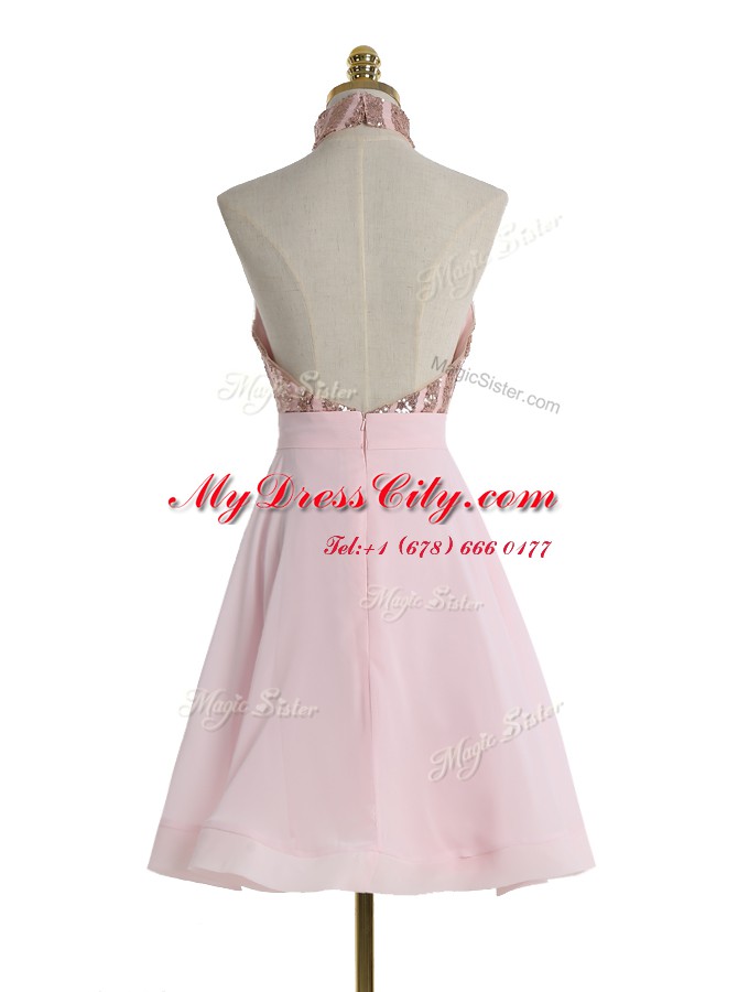 Romantic Baby Pink Prom Gown Prom and For with Sequins Halter Top Sleeveless Backless