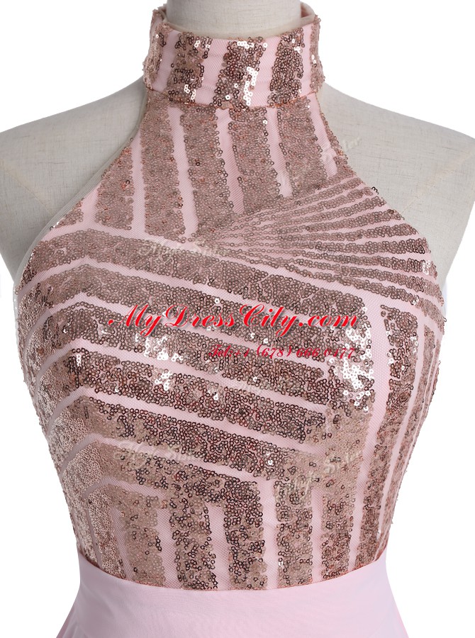 Romantic Baby Pink Prom Gown Prom and For with Sequins Halter Top Sleeveless Backless