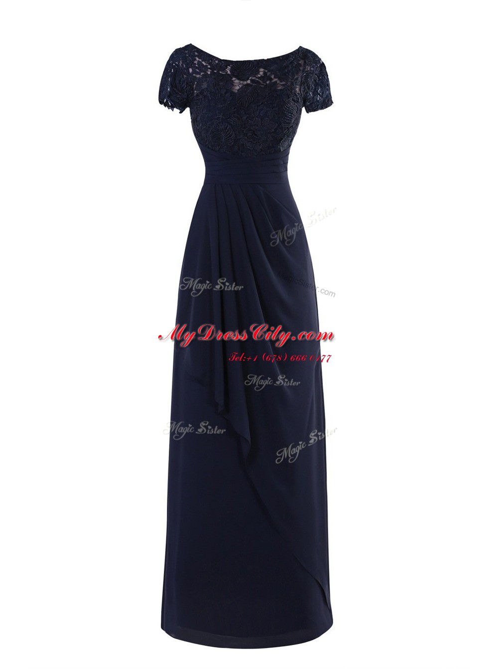 Clearance Scoop Navy Blue Zipper Lace and Ruching Short Sleeves Floor Length